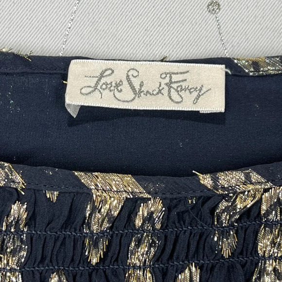 LoveShackFancy Scarlett Dark Navy Gold Smocked Mini Dress $375 - Picture 6 of 10